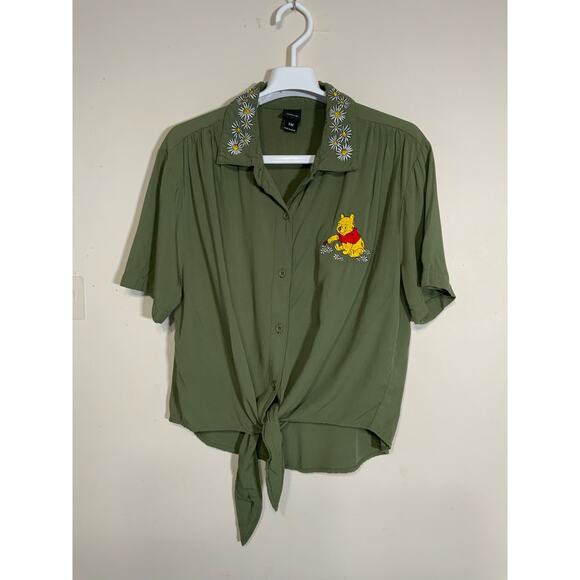 Disney Winnie the Pooh Shirt Button Down Green Tie Women’s Size Small S - Picture 1 of 6